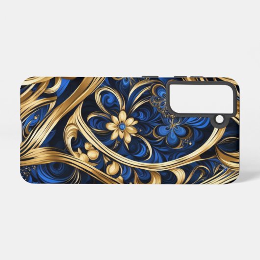 Damask Blume Wirbel Blue Gold Black Samsung Galaxy Hülle (Rückseite (Horizontal))
