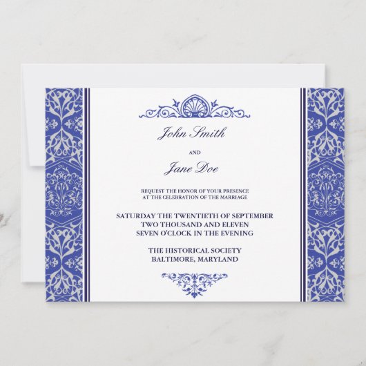 Damask Border Invasion in Royal Blue Einladung (Vorderseite)