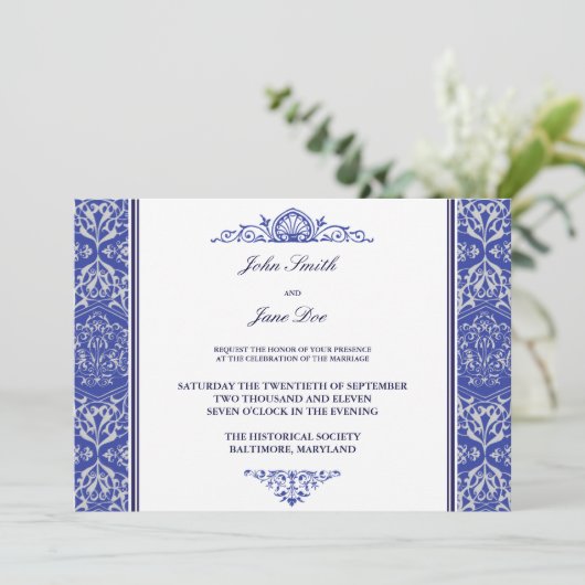 Damask Border Invasion in Royal Blue Einladung (Stehend Vorderseite)