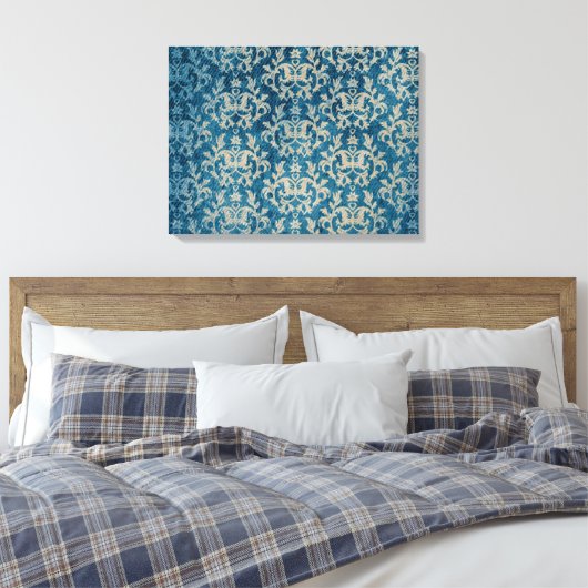 Damask botanic & herzen blauer Goldener Triptychdr Leinwanddruck (Insitu (Schlafzimmer))