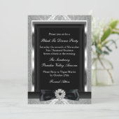 Damask & Bow Formal Black Krawatte Dinner Party ei Einladung (Stehend Vorderseite)
