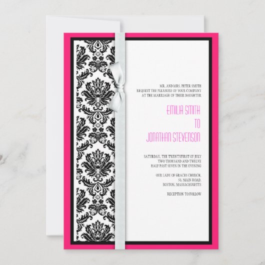 Damask Bow Hochzeitseinladung mit Hot Pink Einladung (Vorderseite)