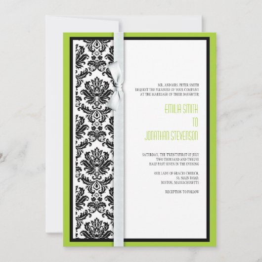 Damask Bow Wedding Einladung mit Green (Vorderseite)
