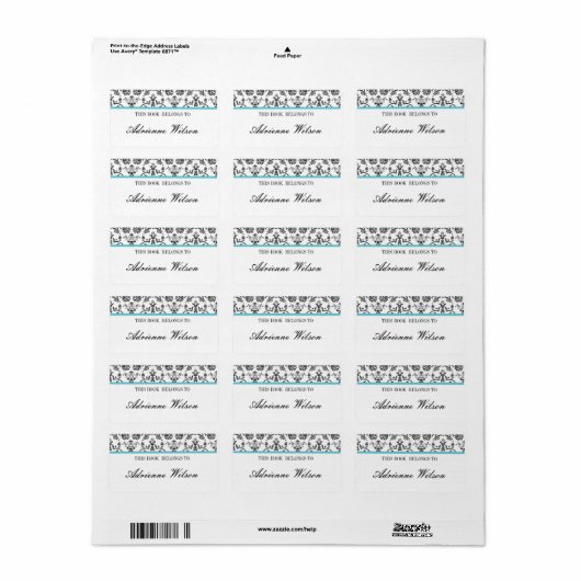 Damask Buchzeichen Adressaufkleber (Vorne)