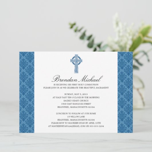 Damask Celtic Cross First Communation Einladung (Stehend Vorderseite)
