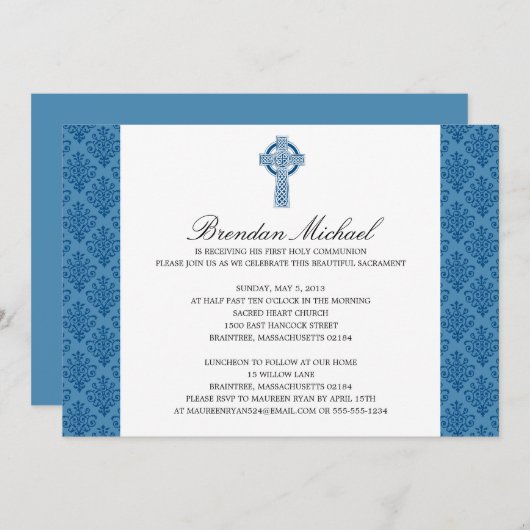 Damask Celtic Cross First Communation Einladung (Vorne/Hinten)