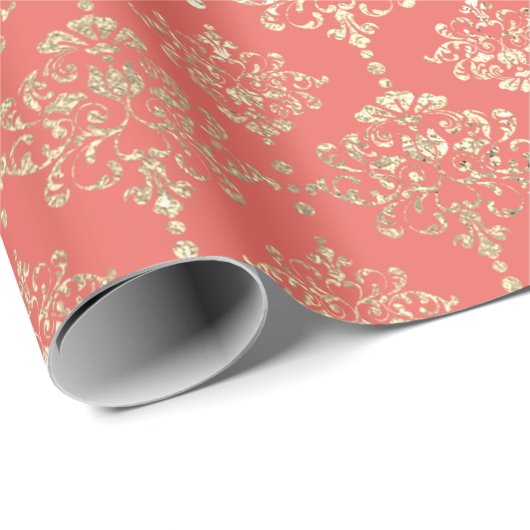 Damask Champagne Coral Royal Metallic Imitate Gold Geschenkpapier (Rolleneckpunkt)