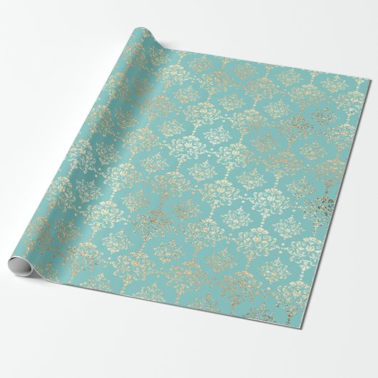 Damask Champagne Gold Royal Metallic Aqua Geschenkpapier (Ungerollt)