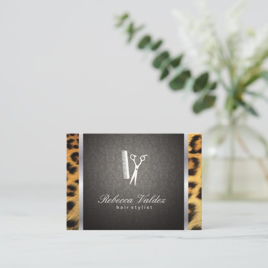 Damask / Cheetah Print / Silver Trial Visitenkarte (Stehend Vorderseite)