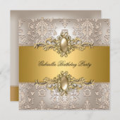 Damask Cream Gold Geburtstagsparty Pearl Einladung (Vorne/Hinten)