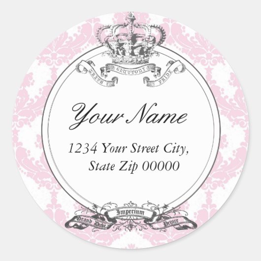 Damask Crown Address Sticker<Peach> Runder Aufkleber (Vorderseite)