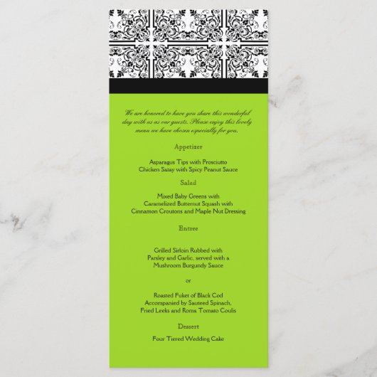 Damask Delight in Lime Green Wedding Menu Menükarte (Vorderseite)