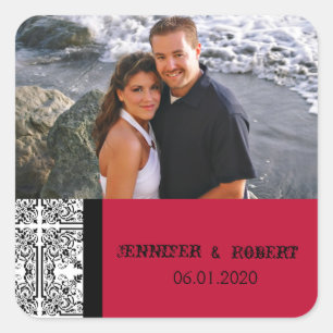Damask Delight Scarlet Rote Gastgeschenk Hochzeit Quadratischer Aufkleber