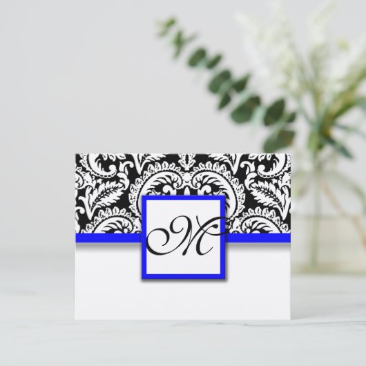 Damask der schwarzen Blume mit Royal Blue Trim RSV RSVP Karte (Stehend Vorderseite)