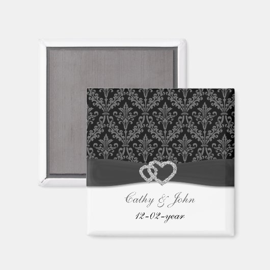 Damask Diamant Holzkohle Save the Date Magnet (Vorderseite/Rückseite)