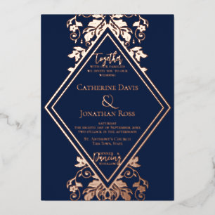 Damask Diamond Navy & Rose Wedding Foil Einladung