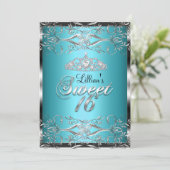 Damask & Diamond Tiara Blue Silver Sweet 16 Einlad Einladung (Stehend Vorderseite)