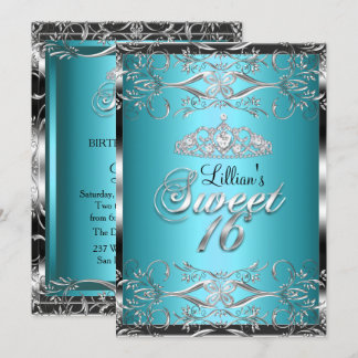 Damask & Diamond Tiara Blue Silver Sweet 16 Einlad Einladung