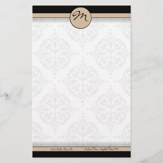 Damask Double Line Beige Monogram Stationierung Briefpapier (Vorderseite)