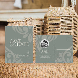 Damask Earthy Olive Foto Wedding Save the Date Ankündigungspostkarte