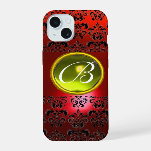 DAMASK-EDELSTEIN-MONOGRAMM Gelb rot iPhone 15 Hülle (Rückseite)