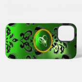 DAMASK-EDELSTEIN-MONOGRAMM grün iPhone Hülle (Rückseite (Horizontal))