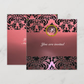 DAMASK-EDELSTEIN-MONOGRAMM rosa Einladung (Vorne/Hinten)