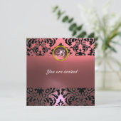 DAMASK-EDELSTEIN-MONOGRAMM rosa Einladung (Stehend Vorderseite)