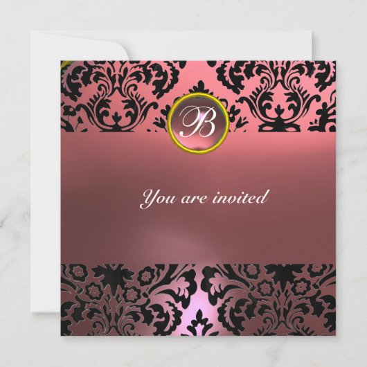 DAMASK-EDELSTEIN-MONOGRAMM rosa Einladung (Vorderseite)