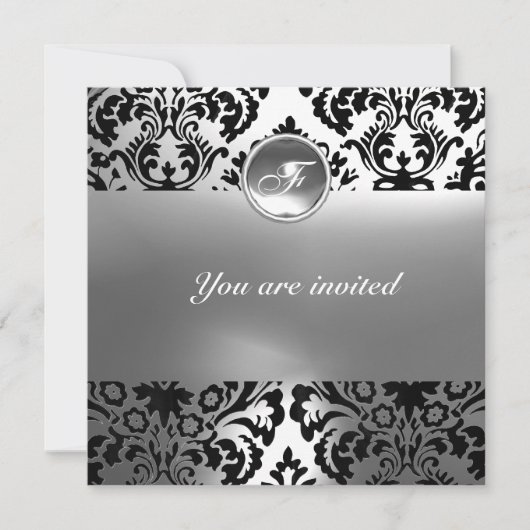 DAMASK-EDELSTEIN MONOGRAMM weiß Einladung (Vorderseite)