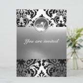 DAMASK-EDELSTEIN MONOGRAMM weiß Einladung (Stehend Vorderseite)