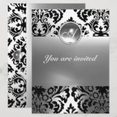 DAMASK-EDELSTEIN MONOGRAMM weiß Einladung (Vorne/Hinten)