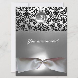 DAMASK EDELSTEIN MONOGRAMM weißes Band grau schwar Einladung