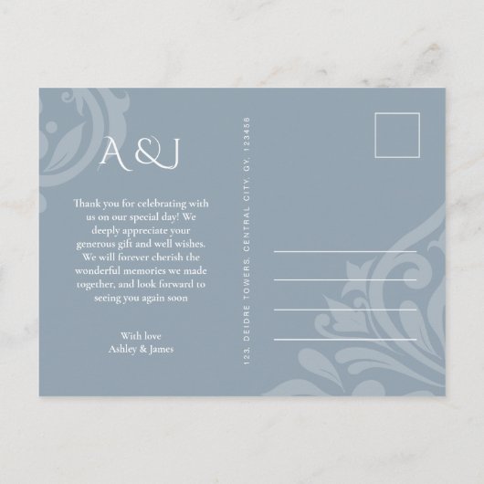 Damask Elegance Cadet Gray Wedding Vielen Dank Postkarte (Rückseite)