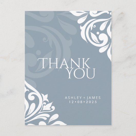 Damask Elegance Cadet Gray Wedding Vielen Dank Postkarte (Vorderseite)