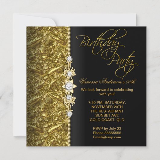 Damask Floral Birthday Party Gold Black 3 Einladung (Vorderseite)