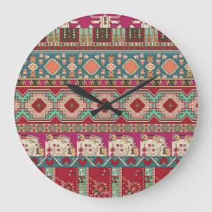 Damask Floral Geometric Colorful Patchwork Große Wanduhr