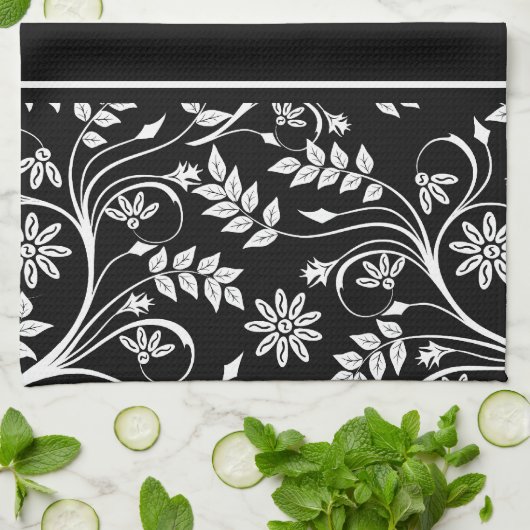 Damask Floral Kitchen Handtücher (2) Grau Schwarz- (Gefaltet)