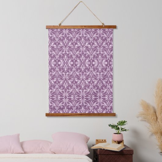 Damask Floral Pattern Blume Lila Wandteppich Mit Holzrahmen (Schlafzimmer)