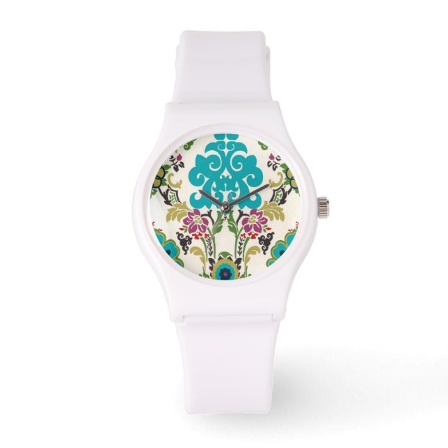 Damask Floral Patterns Plum Turquoise Armbanduhr (Vorderseite)