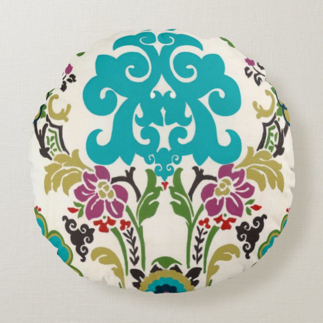Damask Floral Patterns Plum Turquoise Rundes Kissen (Vorderseite)