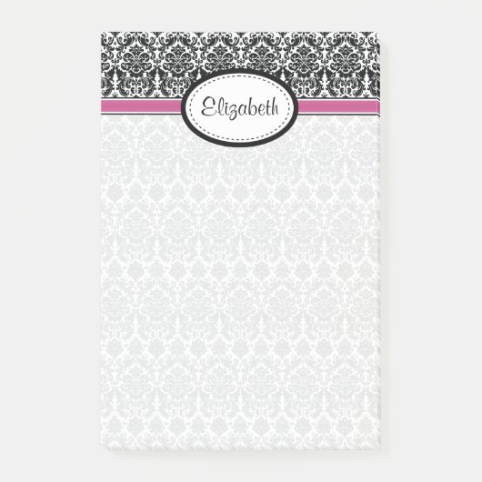 Damask Floral Schwarz-weiß rosa Personalisierter N Post-it Klebezettel (Vorderseite)