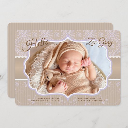 Damask Foto Birth Ankündigung (Vorne/Hinten)