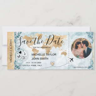 Damask Foto Save the Date Boarding Pass Weltkarte Einladung