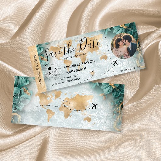 Damask Foto Save the Date Boarding Pass Weltkarte Einladung