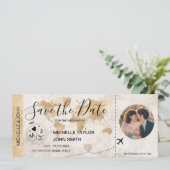 Damask Foto Save the Date Boarding Pass Weltkarte Einladung (Stehend Vorderseite)