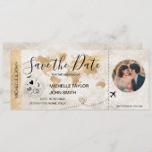 Damask Foto Save the Date Boarding Pass Weltkarte Einladung (Vorne/Hinten)