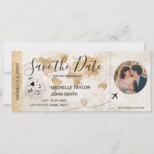Damask Foto Save the Date Boarding Pass Weltkarte Einladung (Vorderseite)