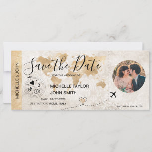 Damask Foto Save the Date Boarding Pass Weltkarte Einladung