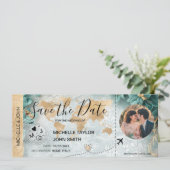 Damask Foto Save the Date Boarding Pass Weltkarte Einladung (Stehend Vorderseite)